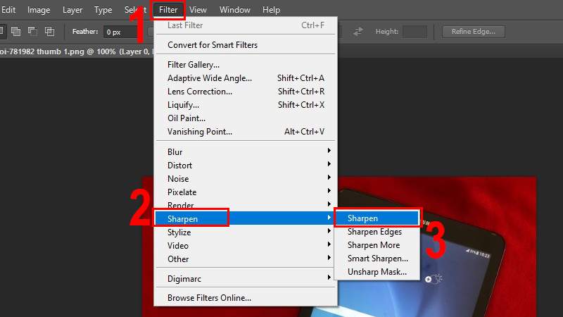 Chọn Sharpen trong Filter để l&agrave;m r&otilde; n&eacute;t ảnh